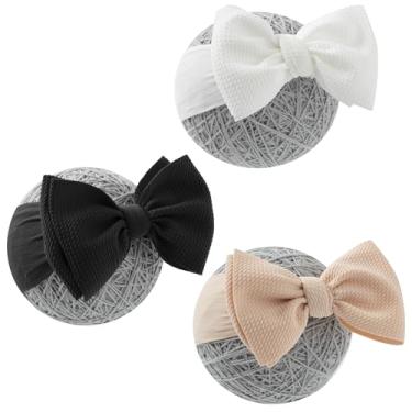 Imagem de QFV Tiara para bebês recém-nascidas, laços grandes de 0 a 6 meses para aniversário/chá de bebê/fotografia/presentes de bebê (preto, bege e branco)