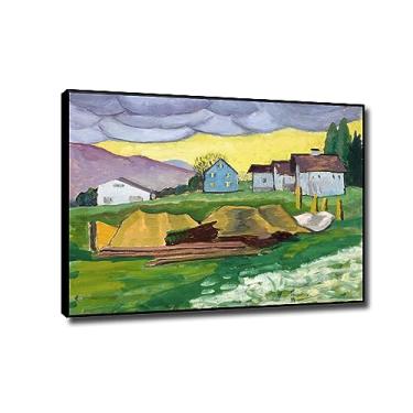 Imagem de Impressão em tela clássica arte de parede de Gabriele Münter - reprodução de pinturas a óleo famosas - 'paisagem com casas azuis quadro de arte emoldurada para decoração de casa moldura preta 50x70 cm