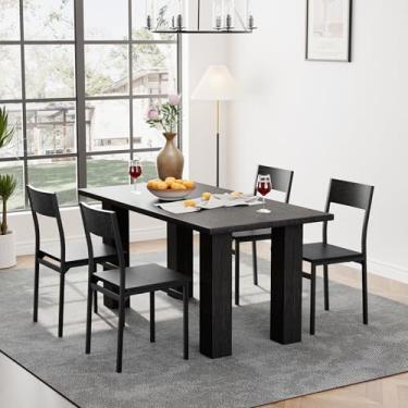 Imagem de MECHYIN Conjunto de 4 cadeiras de jantar, cadeiras de sala de jantar de madeira rústica com estrutura de aço metálico e encosto de ripas, cadeira de fazenda moderna para cozinha, sala de estar (preto)