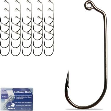 Imagem de Pristis Pacote com 25 anzóis 5/0 60 graus, bico de aço de alto carbono, anzóis de pesca em linha para água salgada e doce, conjunto de ganchos de pesca a granel, minhoca, anzóis farpados fortes para