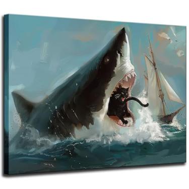 Imagem de PPV Arte de parede em tela de gato engraçado Uma festa inesperada impressão de pôster pintura a óleo gato preto vs tubarão decoração de parede para banheiro sala de estar quarto pet shop apartamento