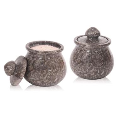 Imagem de Saleiro de mármore com tampa, conjunto feito à mão de 2 recipientes de sal, suporte de sal oceânico com tampa, recipientes de sal para bancada, açucareiro