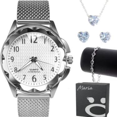 Imagem de relogio feminino prova dagua prata pulseira + brinco colar presente ca