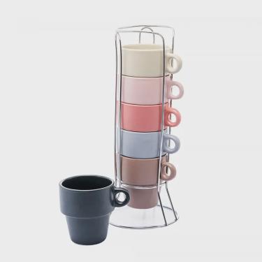 Imagem de Conjunto 6 Xícaras de Café Empilháveis de Cerâmica com Suporte Coloridas 90ml 29369 - Wolff