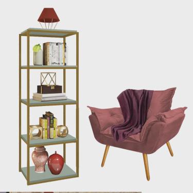 Imagem de Kit Poltrona Fatte com Manta Soft Bordô e Estante Livreiro Ferro Dourado mdf Verde Oliva Suede Rose Gold - Ahazzo Móveis