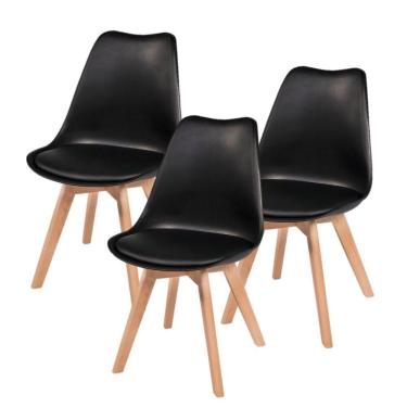 Imagem de Kit C3 Cadeira Leda Preta Charles Eames Wood Com Almofada