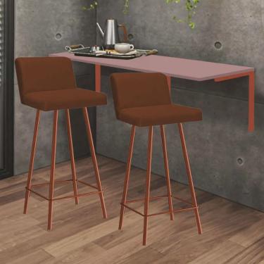 Imagem de Kit Mesa Suspensa de Parede Fixa mdf Rosa + 2 Banquetas Lexi Ferro Bronze Suede Terracota - Ahazzo Móveis