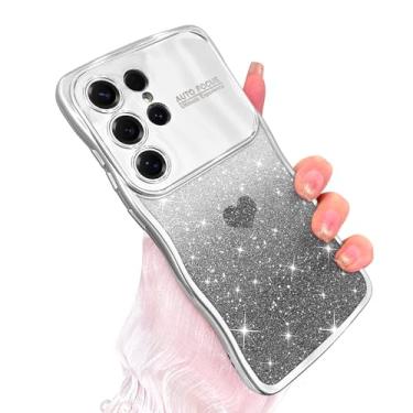 Imagem de AIGOMARA Capa para Samsung Galaxy S25 Ultra, linda capa de telefone de proteção de câmera com glitter com coração de amor para meninas e mulheres, capa de telefone transparente à prova de choque com