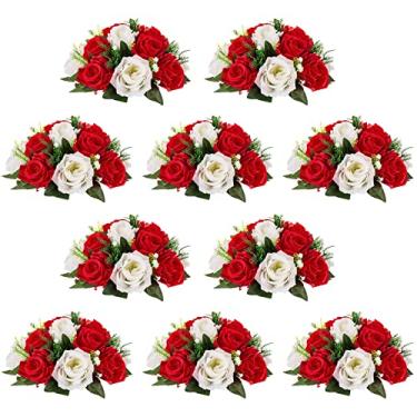 Imagem de WYUYIWH 10 buquê de arranjo de bolas de flores falsas, 15 cabeças de rosas de plástico com base, adequado para o centro de mesa de casamento da nossa loja, suporte de flores para festas de dia dos