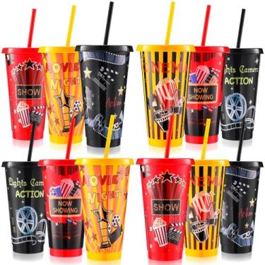 Imagem de Sweetude 12 Pcs Movie Night Cups Movie Night Party Supplies Favors Movie 24oz Cups with Lid and Straw Disposable Plastic Cups for Movie Party Decorations Birthday Party Favors