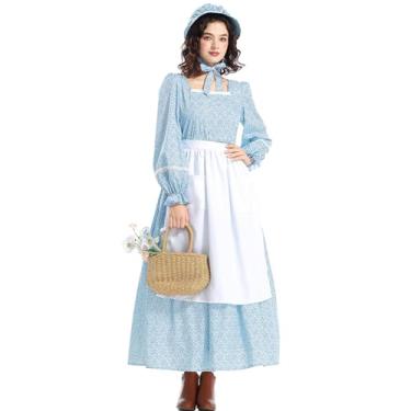 Imagem de UUTWXZ Pioneer Prairie Vestido feminino floral colonial manga comprida vestido histórico americano, Azul, P