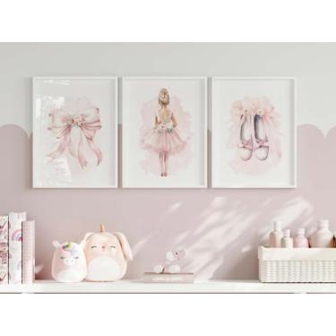 Imagem de Kit 3 Quadros Bailarina Sapatilha Laço Flores Rosa Quarto Menina Decor