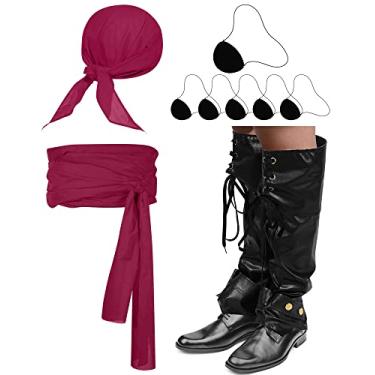 Imagem de 9 peças fantasia de pirata de Halloween acessórios masculinos botas de pirata capas faixa cinto cabeça cachecol feltro tapa-olho para festa cosplay, Vinho tinto, Tamanho Único