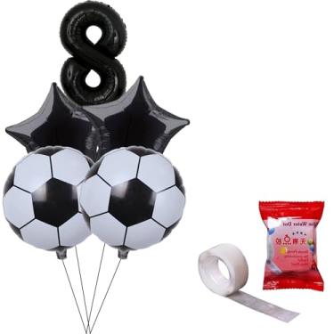 Imagem de Kit 6 Peças, Balão Metalizado 2 Bola De Futebol Preto E Branco 45cm + 2 Estrelas Pretas + 1 Número 75cm PRETO/1 Rolo de Fita Gota Adesiva 100 Pontos (Preto, 8)
