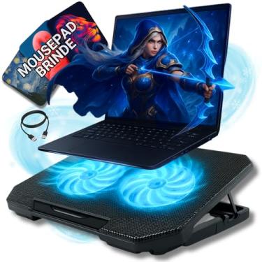 Imagem de Base Refrigerada Notebook Gamer 12'' a 17'' Polegadas Cooler Duplo Silencioso Inclinação Ajustável 8 Níveis Suporte Articulado Ergonômico LED/Fans Azul de Iluminação 2 Porta USB Apoio Base Aluminio