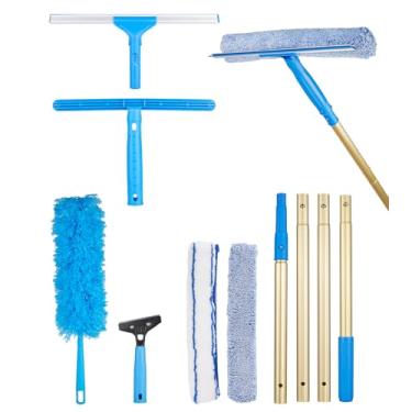 Imagem de Kit de limpeza de rodo de janela 2 em 1 com mastros de extensão de liga de alumínio, esfregador, raspador de vidro, espanador dobrável, 2 panos de limpeza para janela, carro, chão, casa, jardim