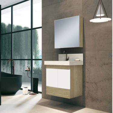 Imagem de Conjunto Para Banheiro Com Espelheira, Gabinete, Lavatório Em Porcelanato Com Cuba Esculpida Bumi Wood/branco