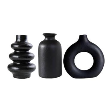 Imagem de Wswqop 3x Vaso de cerâmica boho para decoração, vaso de flores, recipiente de flores decorativo para quarto, casamento, feriado, estante, Preto