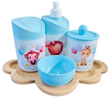 Imagem de Kit Higiene Baby Safari Menino e Menina c/bandeja em MDF (NUVEM CRUA/AZUL, Leão/Macaco/Girafa - Balões)