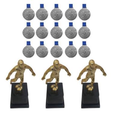 Imagem de Kit C/15 Medalhas M36 + 3 Troféus Jogador Artilheiro - Crespar, Prata