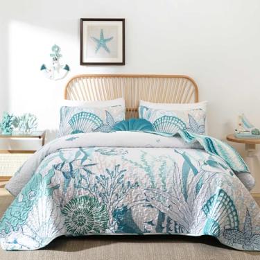 Imagem de Djoymock Conjunto de cama king size, 3 peças, verão, verde, peixe, coral, náutico, conjunto de edredom com fronhas, oceano, praia, reversível, conjunto de edredom macio e leve