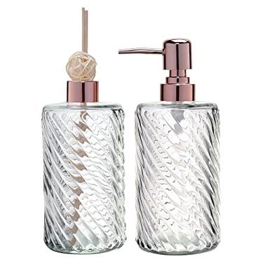 Imagem de Mimo Style Jogo De Dispenser de Sabão Líquido (470ml) e Recipiente Difusor Aromático (470ml) Espiral. Nosso Conjunto É Feito de Vidro e Polipropileno. Perfeito Para Deixar Seu Banheiro Mais Cheiroso