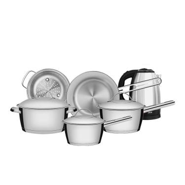 Imagem de Conjunto De Panelas Allegra Inox 5 Peças E Chaleira Elétrica Ech01 1,8l 220v - Eos 220v