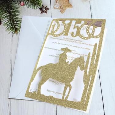 Imagem de 50 Peças Cartão de Convite Glittery Horseman Boy Quinceanera Invitation15 Years 0ld Aniversário Festa Convite Gift Card Jacket With Envlopes (conjunto Inteiro, Dourado)