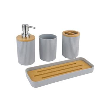 Imagem de Kit Banheiro Cinza 4 Peças com Detalhes em Bambu – Porta Escova, Saboneteira, Copo e Dispenser de Sabonete Líquido