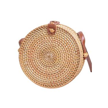 Imagem de SHAREYOIU Bolsa de vime redonda tecida à mão, ombro natural, chique, estilo praia tropical, tecida com alça de couro, Puro, 7 x 3.2 inches