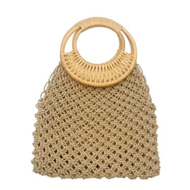 Imagem de SHAREYOIU Bolsa feminina de tecido de algodão vazado, bolsa de praia, bolsa de mão com alça superior, Caqui