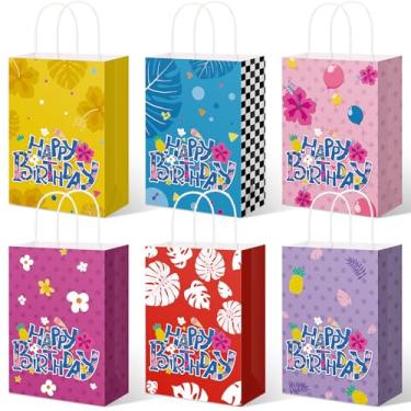 Imagem de MotiMind 48 peças de sacos de lembrancinhas de festa de aniversário do Havaí com alças de doces estampa tropical de verão flor palmeira padrões duplos impressos bolsa de presente de papel para