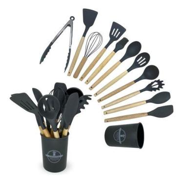 Imagem de Concha Escumadeira Jogo  Colheres E Talheres Silicone 12 peças, Preto