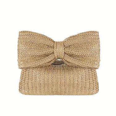 Imagem de DODAMOUR Bolsa clutch de palha Boho com alça de laço grande, bolsa de tecido minimalista funciona como bolsa de maquiagem, pequena bolsa de viagem para noite serve para espelho de batom para telefone