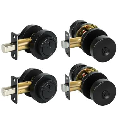 Imagem de Fechadura de cilindro único e maçaneta de porta com fechadura, fechaduras de porta semelhantes com chave para porta da frente (preto fosco, conjunto com 2)