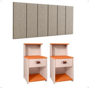 Imagem de Kit 2 Mesas Gaveta Nicho Prateleira Retrô Cléo Off/Cinamomo Cabeceira Estofada Júlia Linho Cama King Size 1,95 Bege Quarto - RPM