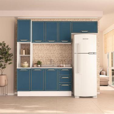 Imagem de Cozinha Compacta Sem Tampo com Rodapé Amara 8 Portas 3 Gavetas Azul e Branca