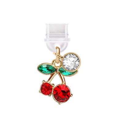Imagem de ELISE & FONDA TP830 Tipo-C porta de carregamento plugue antipoeira pequeno 3D cristal cereja celular charme para iPhone 15/16/Samsung/OnePlus/Xiaomi/oppo telefones Android (vermelho)