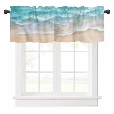 Imagem de Cortina de verão litorânea para janelas de cozinha, cortina de praia azul-petróleo ondulada água onda do oceano tratamento de janela canela sanefa bolso para quarto/sala de estar/banheiro, 137 x 45