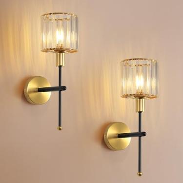 Imagem de Eustace Conjunto de dois arandelas de parede de cristal, arandela de parede de vidro transparente com fio, luminária de parede de latão dourado para sala de estar quarto luminária de banheiro (base