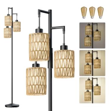 Imagem de Oneach Candeeiros de chão de 178 cm para sala de estar, luminária de chão Boho regulável contínua com 3 lâmpadas, lâmpada de árvore de canto industrial de fazenda alta para quarto, escritório, sala de