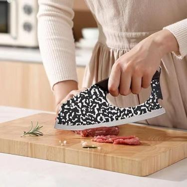 Imagem de Cutelo Artesanal em Aço Inoxidável | Lâmina Rústica com Padrão Camuflado Preto e Branco | 23.5x10.5cm | para Churrasco e Cozinha