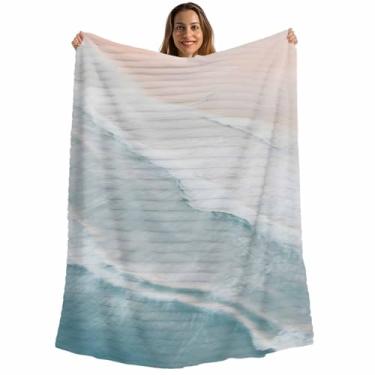 Imagem de Cobertor boêmio costeiro de praia, ondas do mar azul, cobertores macios macios para sofá-cama, viagens, cobertores de flanela listrados de microfibra gradiente náutico, cobertores leves de sofá 76 x