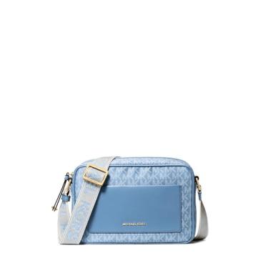 Imagem de Michael Kors Bolsa transversal com alça grande Jet Set, Ferragens douradas/tonal Mk Signature Nylon com logotipo Mk Webbbing/azul francês, One Size, Bolsa transversal com alça grande Jet Set
