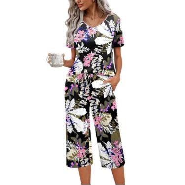 Imagem de Conjunto de pijama feminino Ekouaer de manga curta de algodão com calç