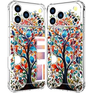 Imagem de ENDIY Compatível com capa para celular 17 Pro, porta-cartões para mulheres, design fofo, capas de telefone tipo carteira transparente e legal Kawaii protetora (folhas coloridas de árvore clara)