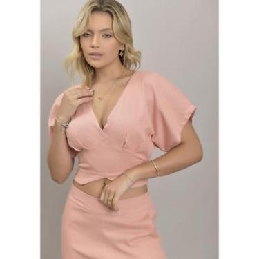 Imagem de Blusa Manga Curta em Linho com Recorte Transpassado Feminina na Cor Salmão Dialogo Jeans-Feminino