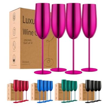 Imagem de UNISWEET Conjunto de 4 taças de champanhe de aço inoxidável para presentes de casamento e aniversário, taça de champanhe inquebrável de 250 ml com haste longa, reutilizável para uso interno e externo