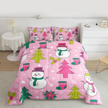 Imagem de jejeloiu Conjunto de edredom de Natal, solteiro, boneco de neve, árvore de Natal, para crianças, meninos, meninas, floco de neve, tema de inverno, edredom rosa, 2 peças com 1 fronha