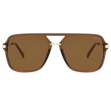 Imagem de SOJOS Óculos de sol para mulheres e homens, quadrados, retrôs, lentes polarizadas, aviador moderno, óculos de sol anos 90, Armação marrom transparente/lente marrom, 54-17-147